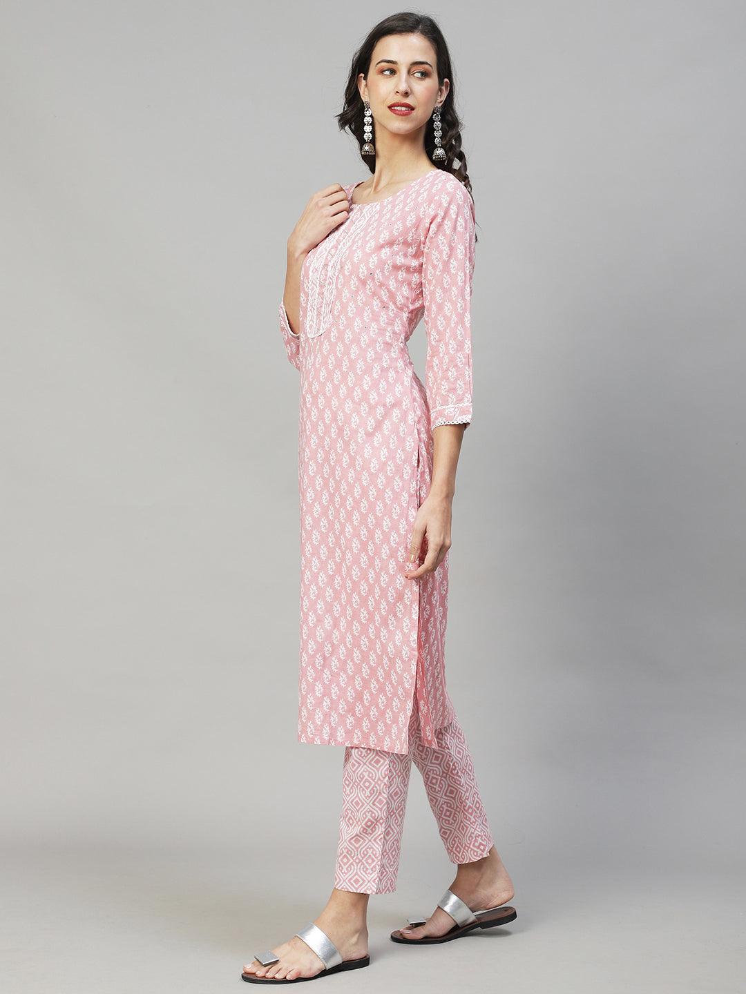 Ethnic Printed Straight Fit Kurta & Pants - Pink - Indiakreations