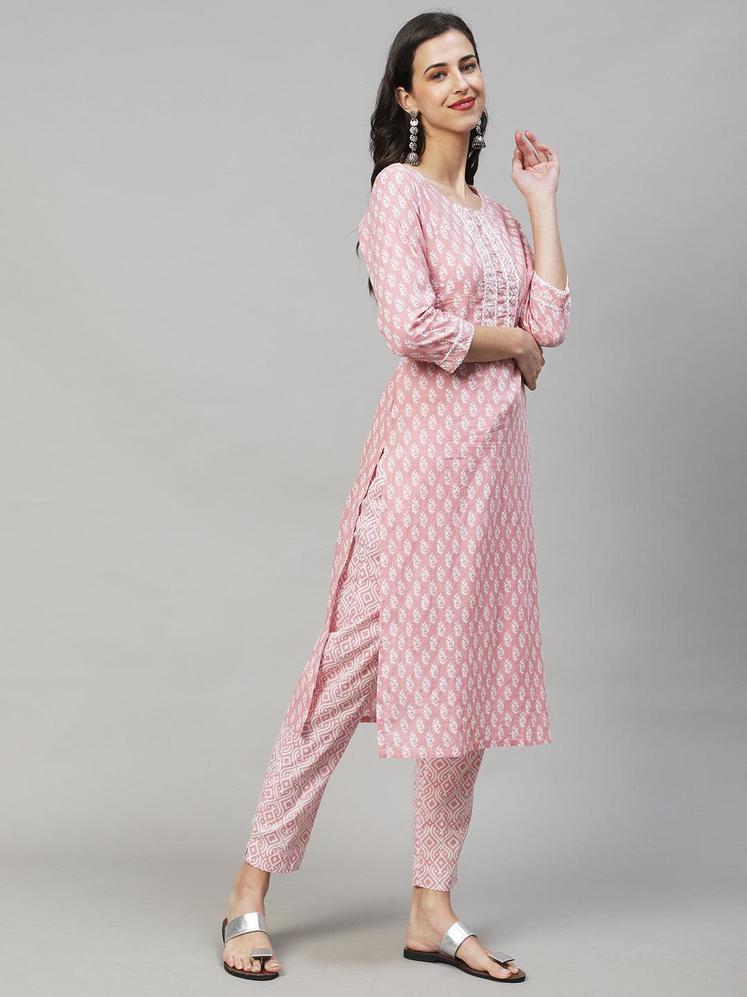 Ethnic Printed Straight Fit Kurta & Pants - Pink - Indiakreations