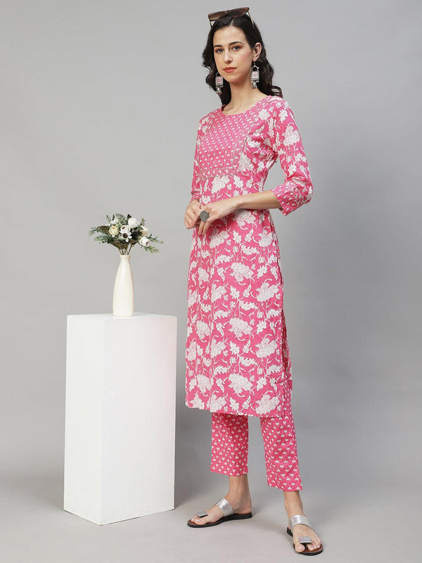 Ethnic Printed & Embroidered Straight Fit Kurta with Pants - Pink - Indiakreations