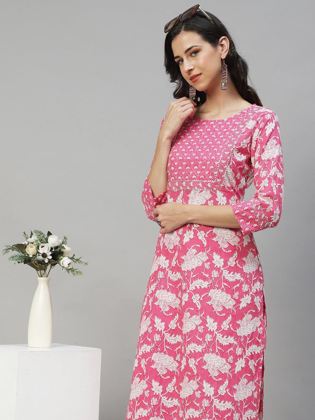 Ethnic Printed & Embroidered Straight Fit Kurta with Pants - Pink - Indiakreations