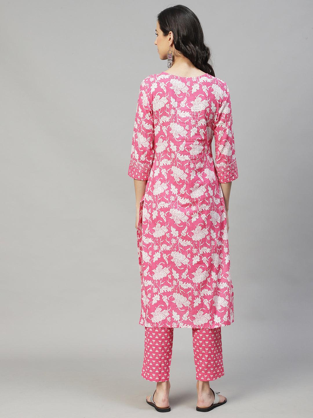 Ethnic Printed & Embroidered Straight Fit Kurta with Pants - Pink - Indiakreations