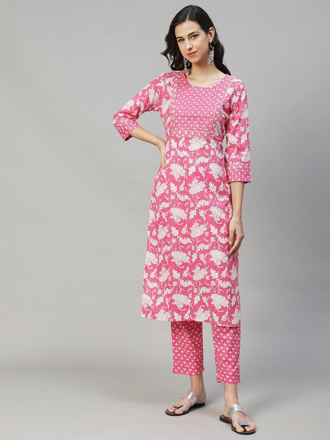 Ethnic Printed & Embroidered Straight Fit Kurta with Pants - Pink - Indiakreations