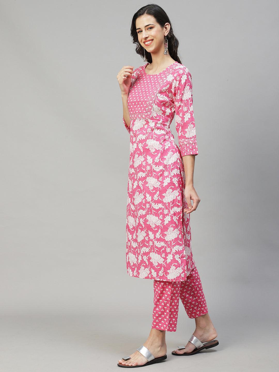 Ethnic Printed & Embroidered Straight Fit Kurta with Pants - Pink - Indiakreations