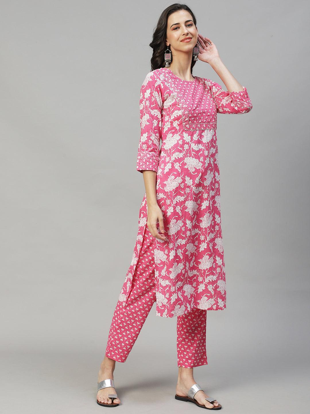 Ethnic Printed & Embroidered Straight Fit Kurta with Pants - Pink - Indiakreations