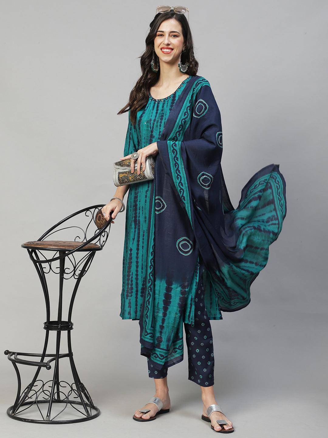 Tie - Dye Printed & Embroidered Straight Fit Kurta with Pant & Dupatta - Sea Green - Indiakreations