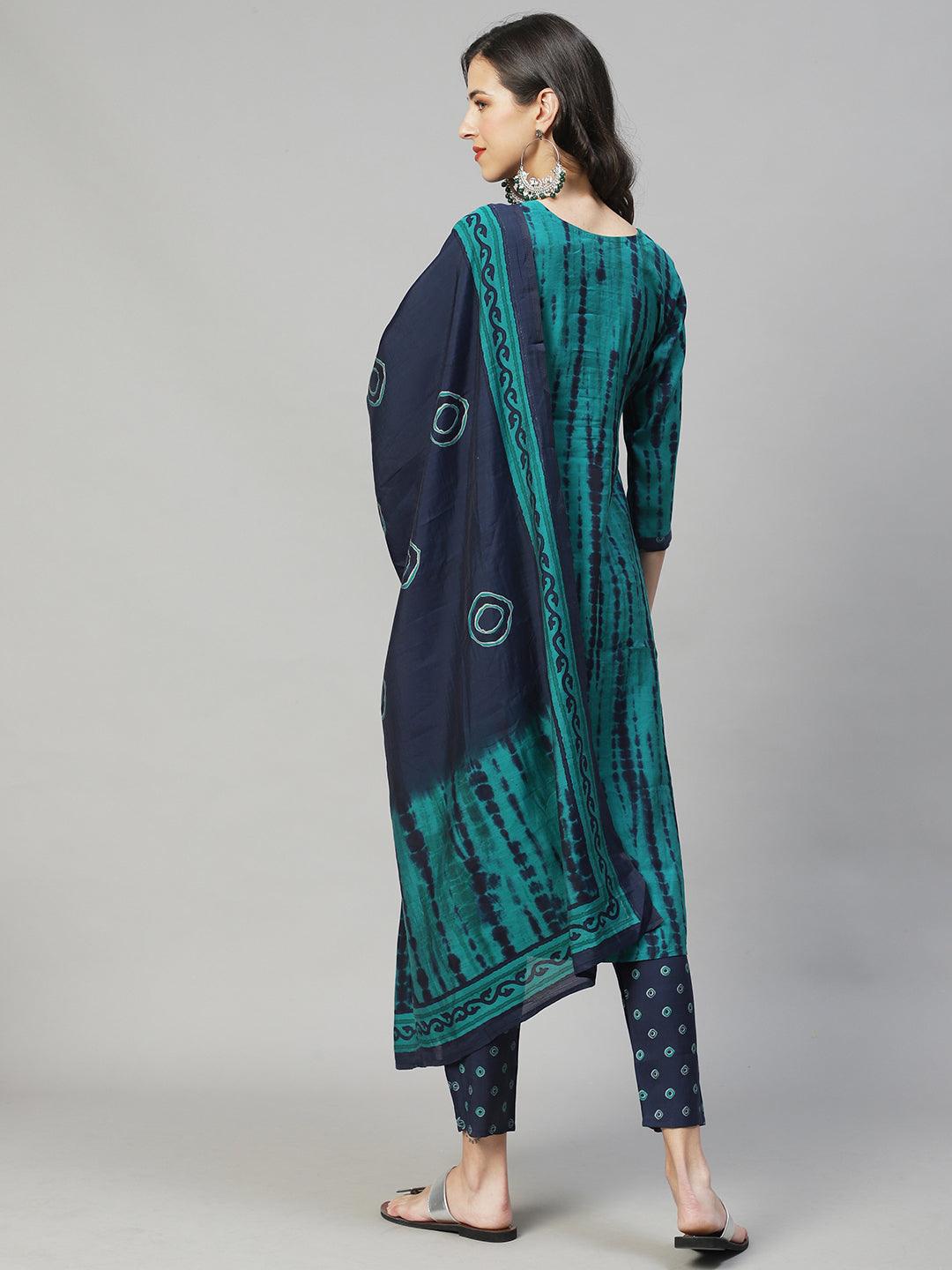 Tie - Dye Printed & Embroidered Straight Fit Kurta with Pant & Dupatta - Sea Green - Indiakreations