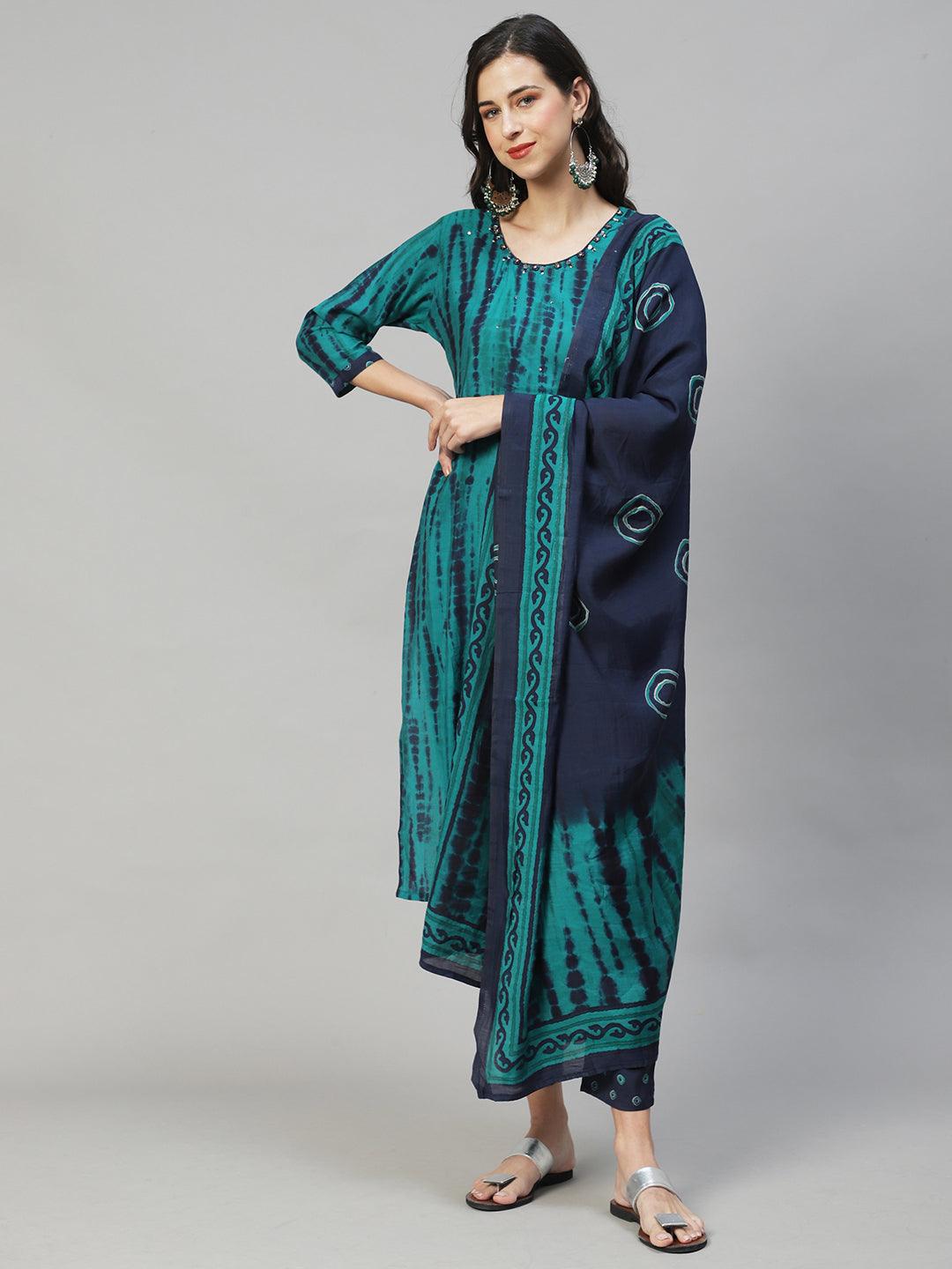 Tie - Dye Printed & Embroidered Straight Fit Kurta with Pant & Dupatta - Sea Green - Indiakreations