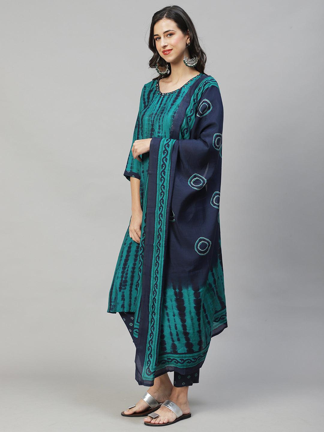 Tie - Dye Printed & Embroidered Straight Fit Kurta with Pant & Dupatta - Sea Green - Indiakreations