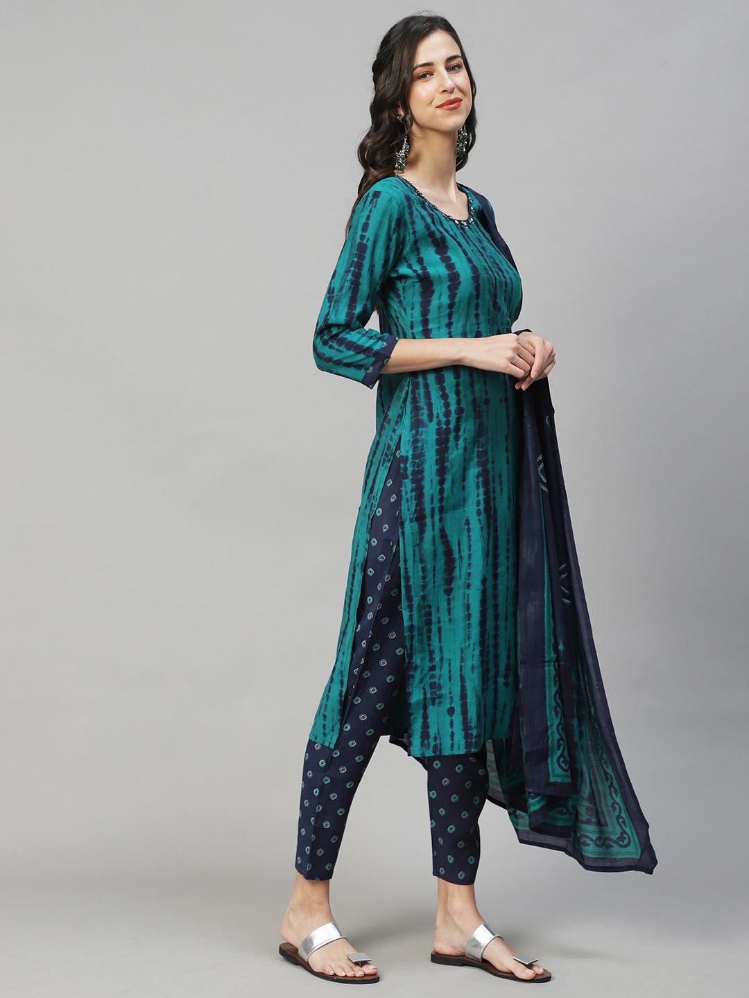 Tie - Dye Printed & Embroidered Straight Fit Kurta with Pant & Dupatta - Sea Green - Indiakreations