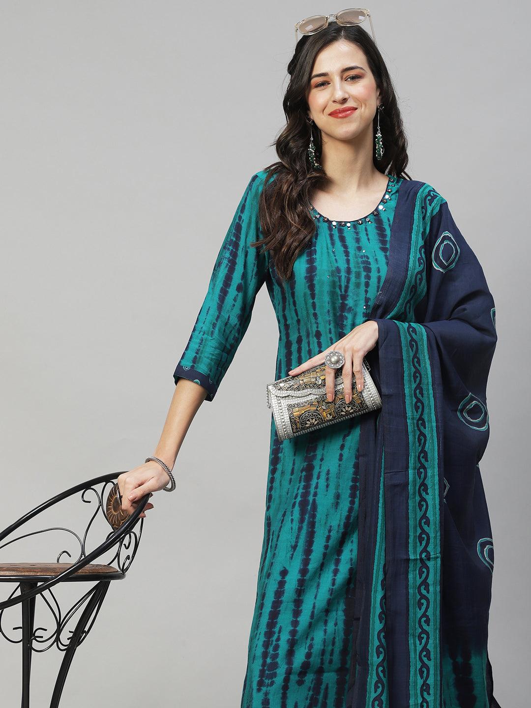 Tie - Dye Printed & Embroidered Straight Fit Kurta with Pant & Dupatta - Sea Green - Indiakreations