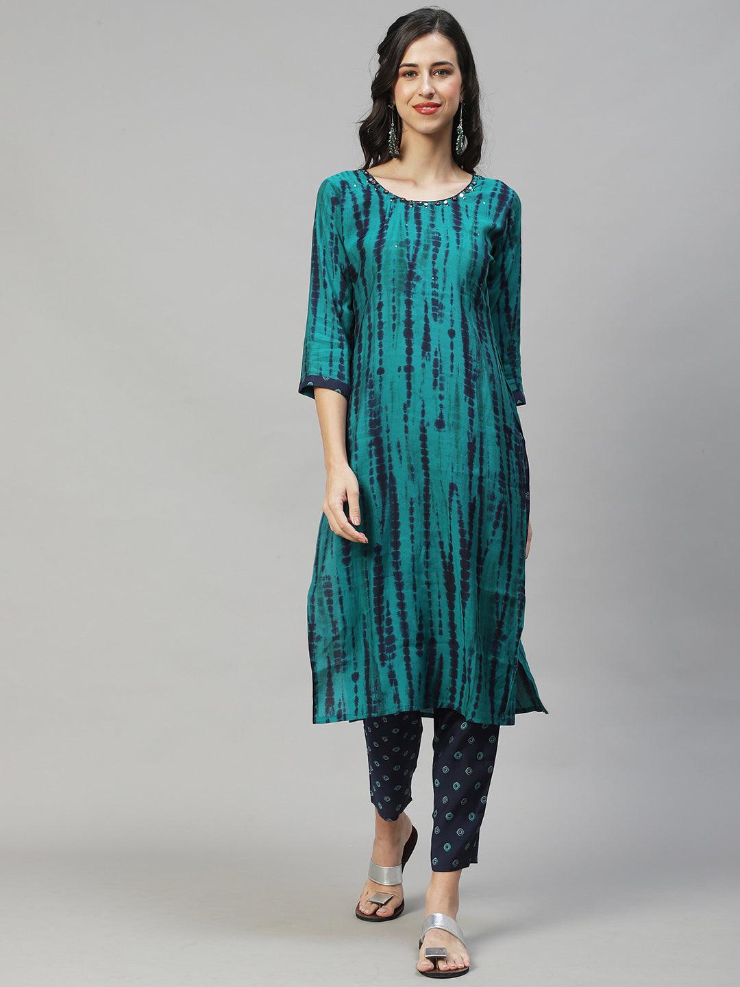 Tie - Dye Printed & Embroidered Straight Fit Kurta with Pant & Dupatta - Sea Green - Indiakreations