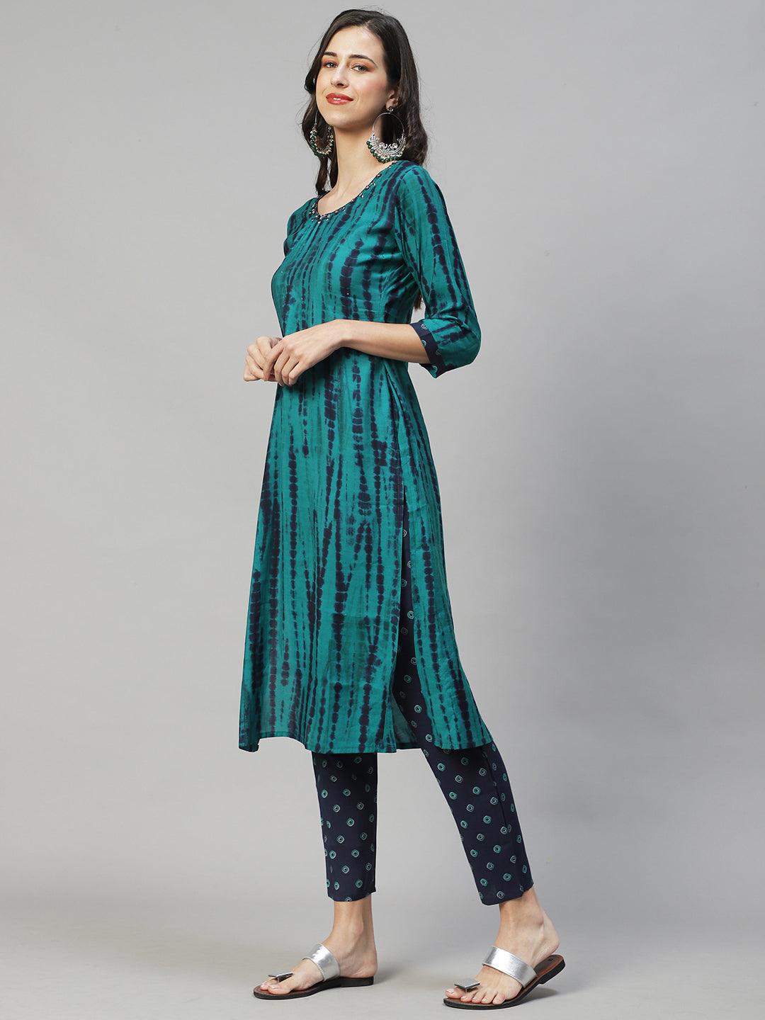 Tie - Dye Printed & Embroidered Straight Fit Kurta with Pant & Dupatta - Sea Green - Indiakreations