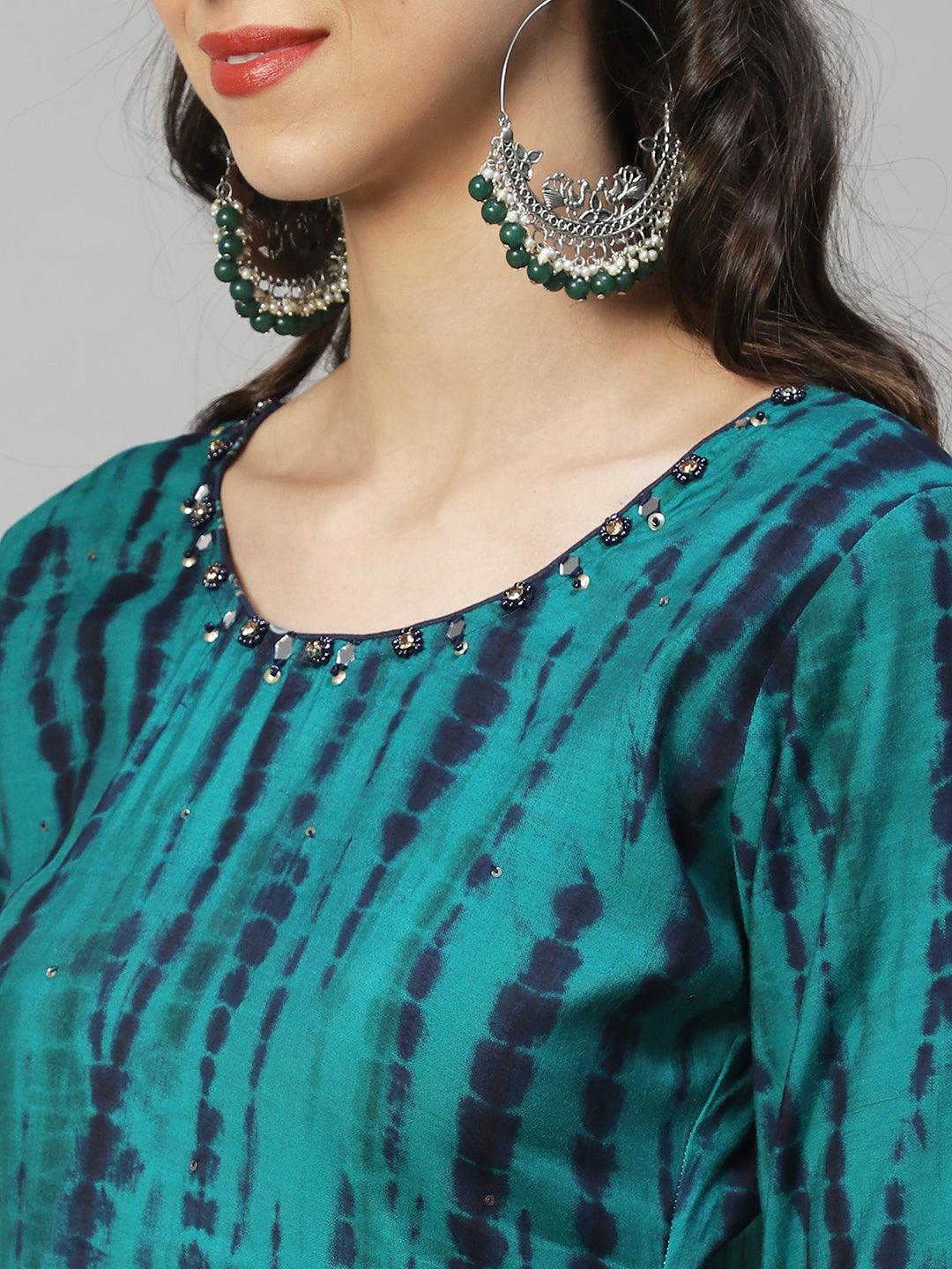 Tie - Dye Printed & Embroidered Straight Fit Kurta with Pant & Dupatta - Sea Green - Indiakreations