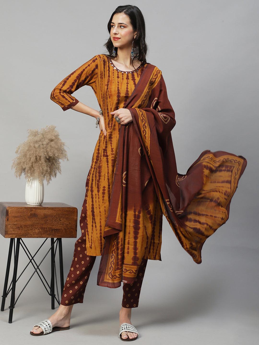 Tie - Dye Printed & Embroidered Straight Fit Kurta with Pant & Dupatta - Mustard - Indiakreations