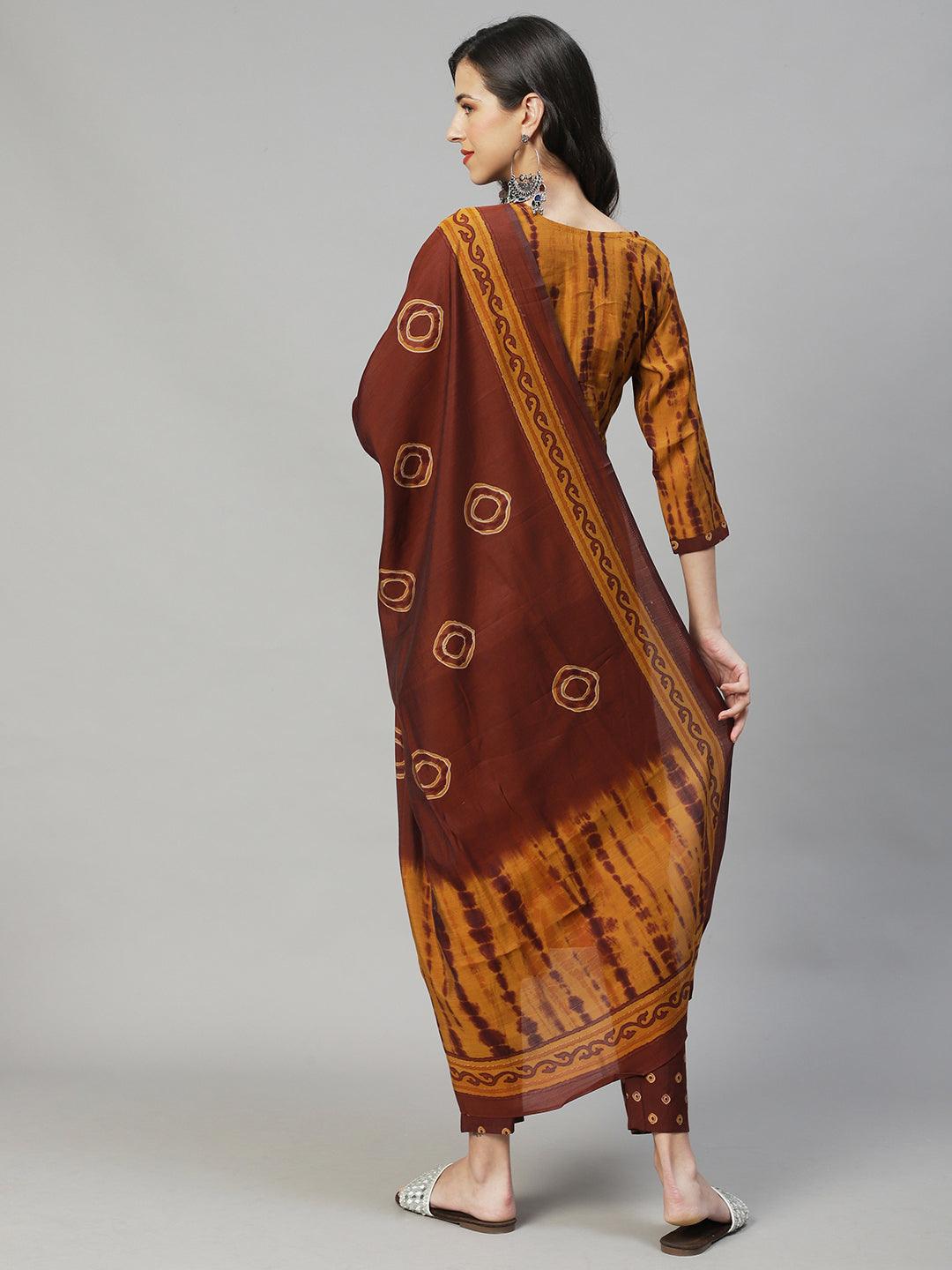 Tie - Dye Printed & Embroidered Straight Fit Kurta with Pant & Dupatta - Mustard - Indiakreations