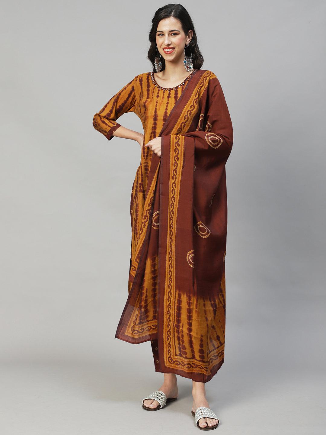 Tie - Dye Printed & Embroidered Straight Fit Kurta with Pant & Dupatta - Mustard - Indiakreations