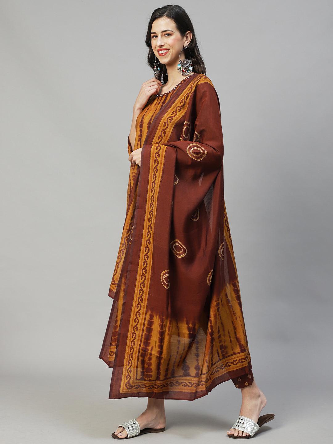 Tie - Dye Printed & Embroidered Straight Fit Kurta with Pant & Dupatta - Mustard - Indiakreations