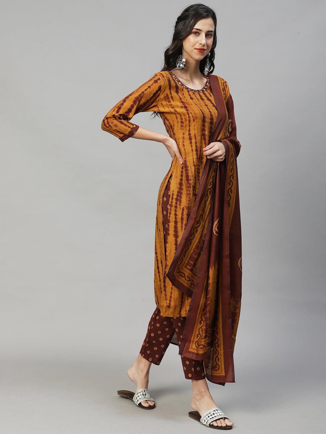 Tie - Dye Printed & Embroidered Straight Fit Kurta with Pant & Dupatta - Mustard - Indiakreations