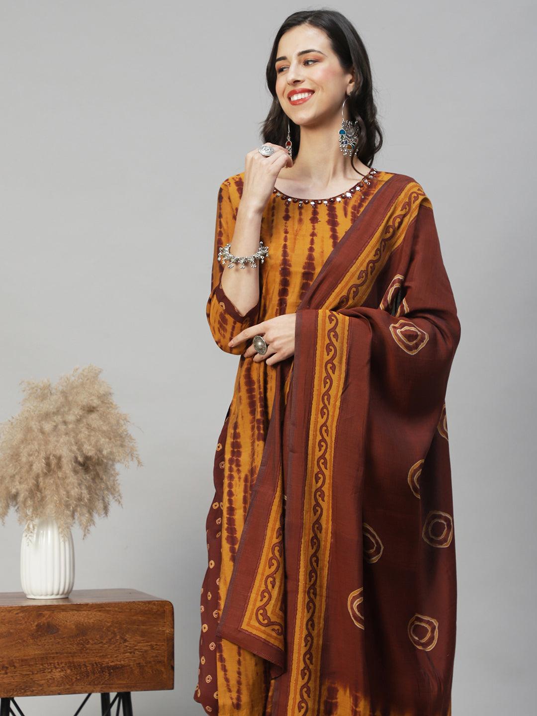 Tie - Dye Printed & Embroidered Straight Fit Kurta with Pant & Dupatta - Mustard - Indiakreations