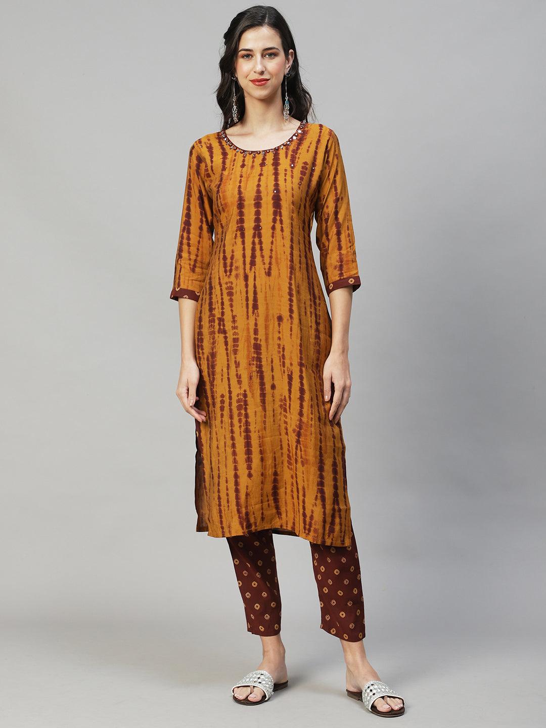 Tie - Dye Printed & Embroidered Straight Fit Kurta with Pant & Dupatta - Mustard - Indiakreations