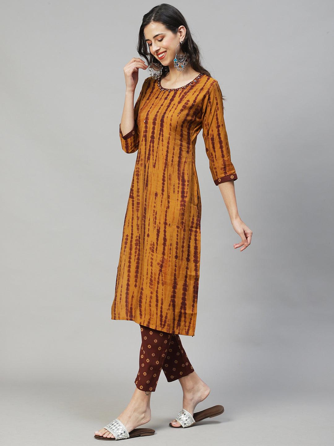 Tie - Dye Printed & Embroidered Straight Fit Kurta with Pant & Dupatta - Mustard - Indiakreations