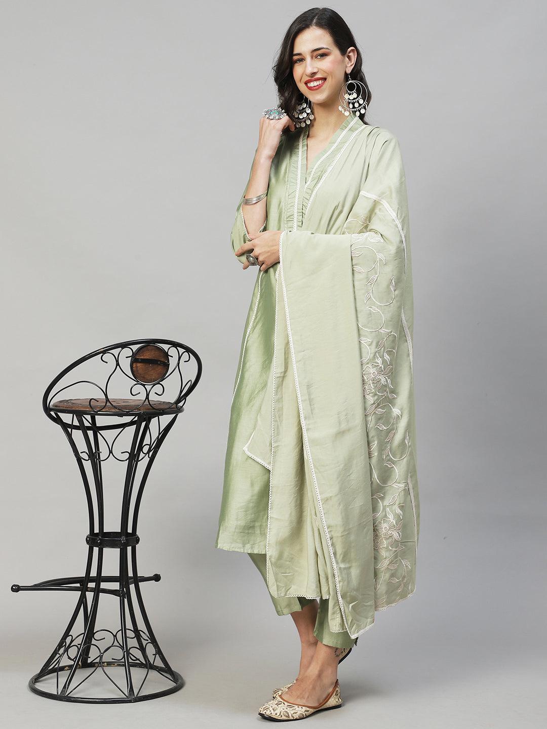 Ethnic A-Line Kurta with Pants & Dupatta - Sage Green - Indiakreations