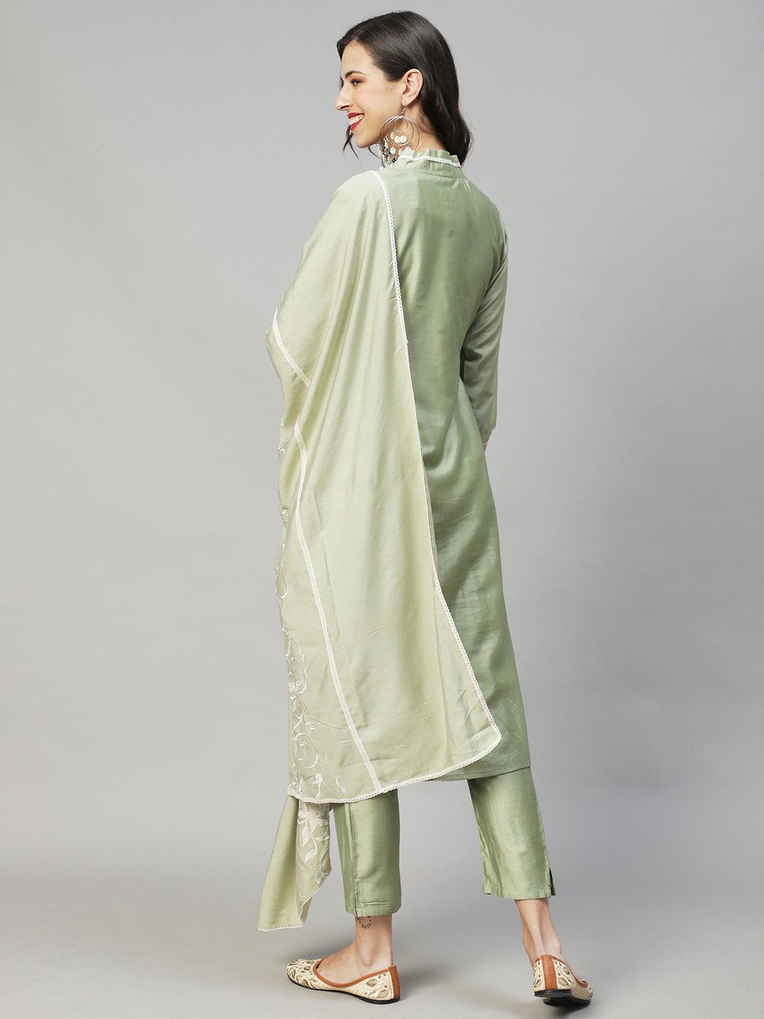 Ethnic A-Line Kurta with Pants & Dupatta - Sage Green - Indiakreations