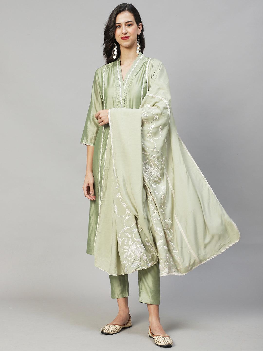 Ethnic A-Line Kurta with Pants & Dupatta - Sage Green - Indiakreations