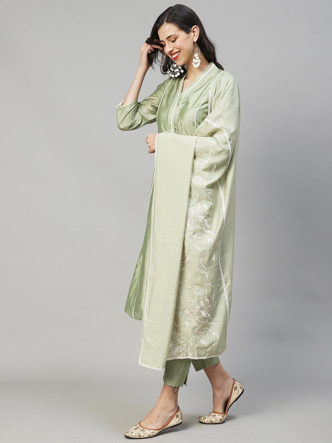 Ethnic A-Line Kurta with Pants & Dupatta - Sage Green - Indiakreations