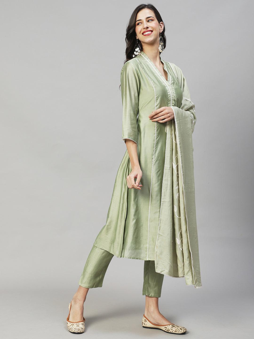 Ethnic A-Line Kurta with Pants & Dupatta - Sage Green - Indiakreations