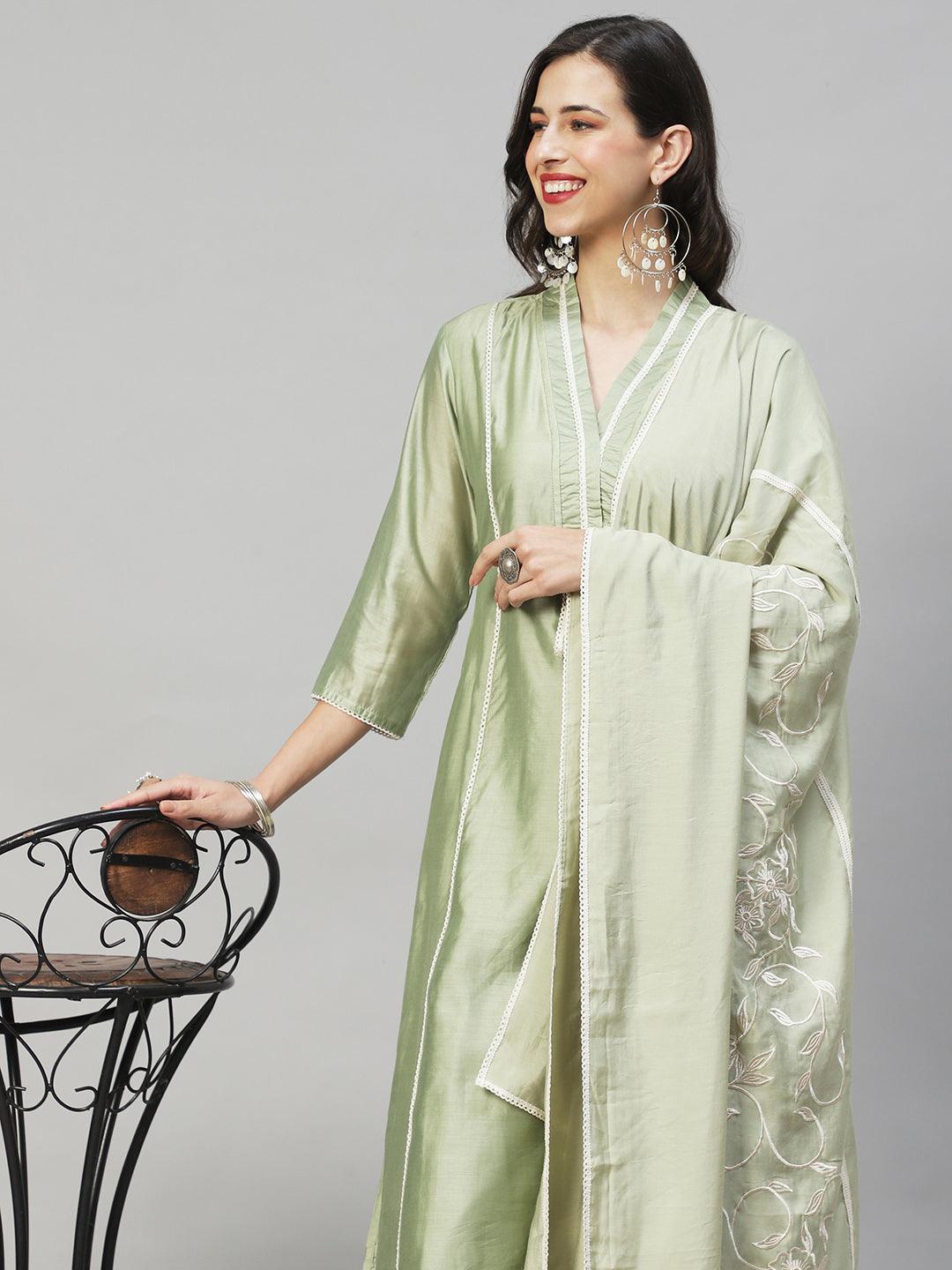 Ethnic A-Line Kurta with Pants & Dupatta - Sage Green - Indiakreations