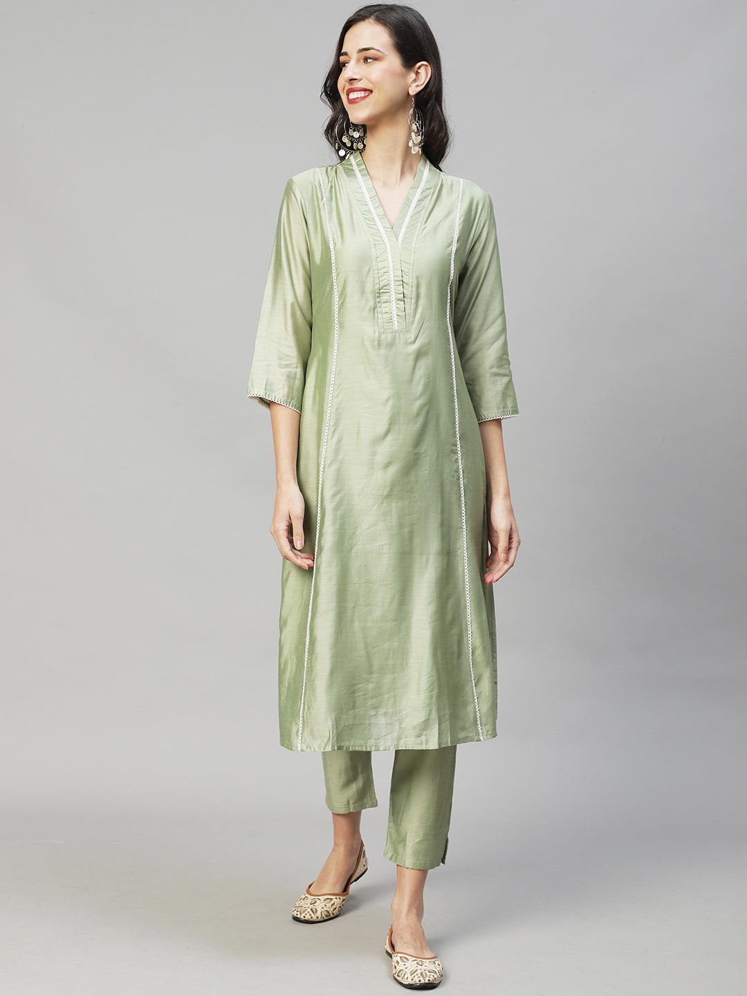 Ethnic A-Line Kurta with Pants & Dupatta - Sage Green - Indiakreations