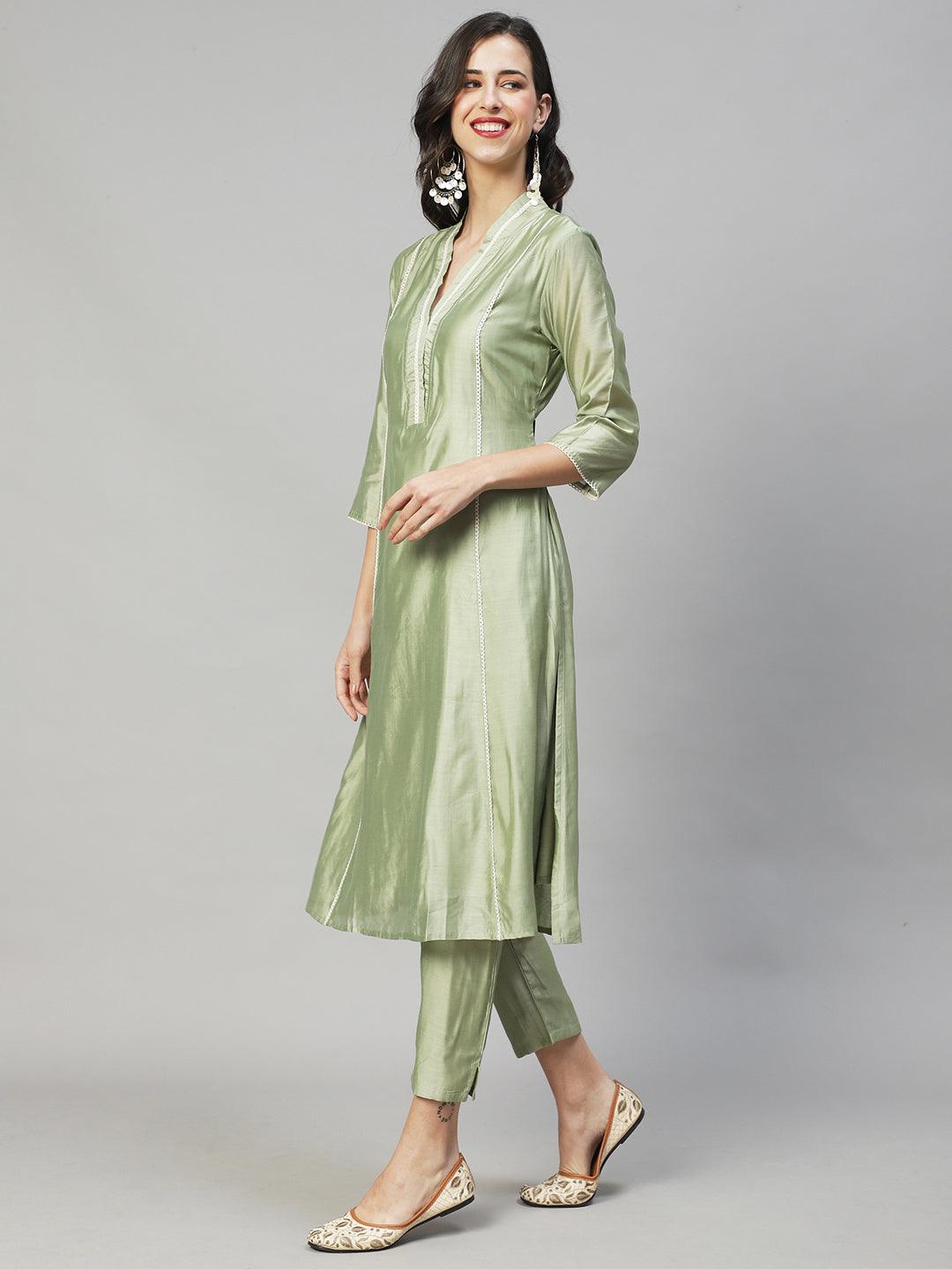 Ethnic A-Line Kurta with Pants & Dupatta - Sage Green - Indiakreations