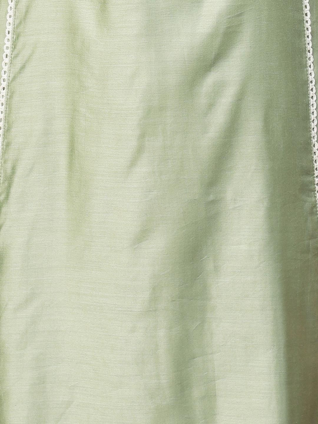 Ethnic A-Line Kurta with Pants & Dupatta - Sage Green - Indiakreations