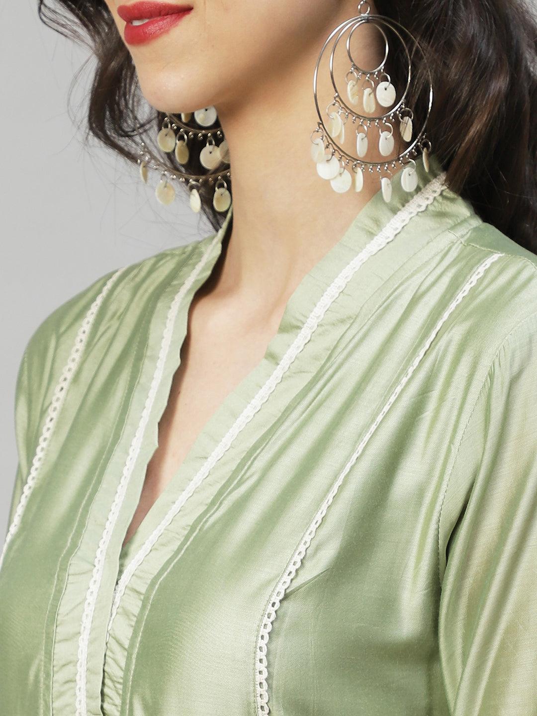 Ethnic A-Line Kurta with Pants & Dupatta - Sage Green - Indiakreations