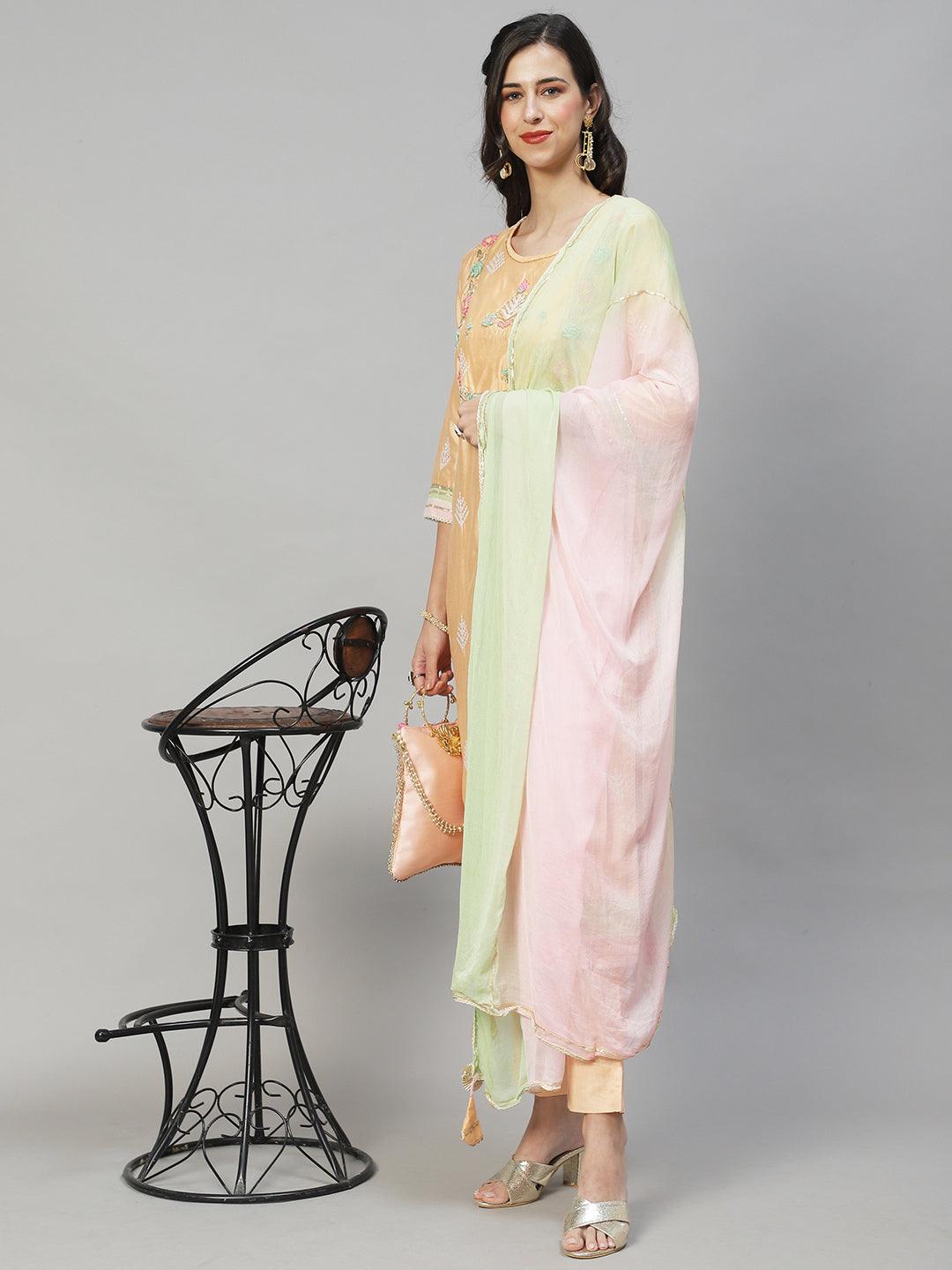 Ethnic Hand Embroidered Straight Kurta with Pants & Dupatta - Peach - Indiakreations