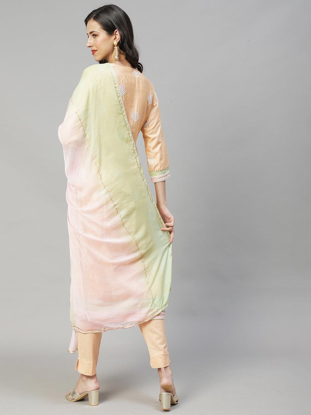 Ethnic Hand Embroidered Straight Kurta with Pants & Dupatta - Peach - Indiakreations