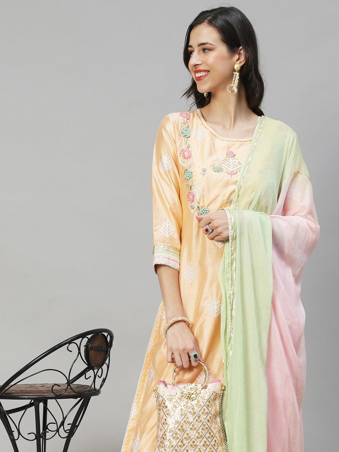 Ethnic Hand Embroidered Straight Kurta with Pants & Dupatta - Peach - Indiakreations