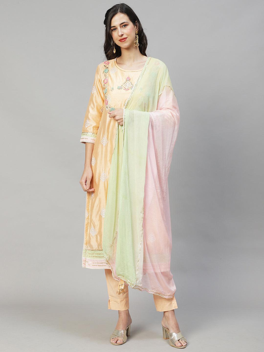 Ethnic Hand Embroidered Straight Kurta with Pants & Dupatta - Peach - Indiakreations