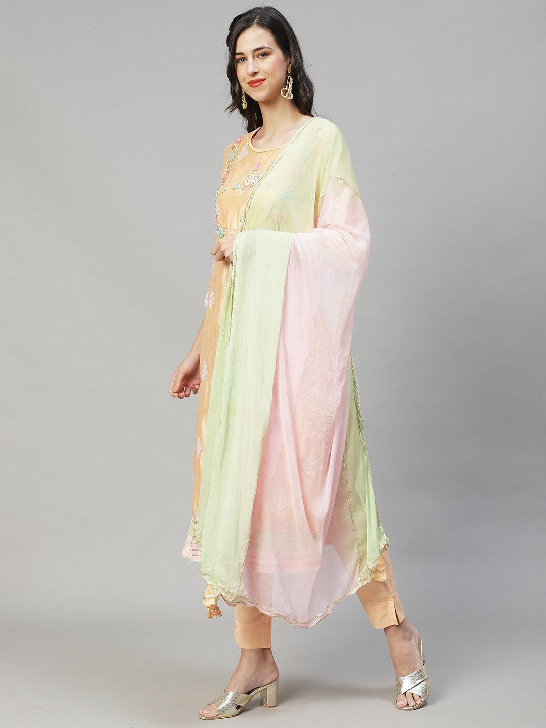 Ethnic Hand Embroidered Straight Kurta with Pants & Dupatta - Peach - Indiakreations