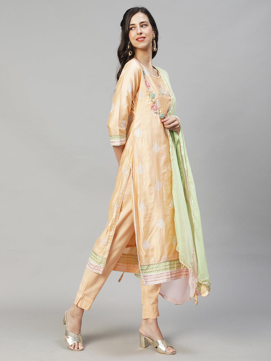 Ethnic Hand Embroidered Straight Kurta with Pants & Dupatta - Peach - Indiakreations