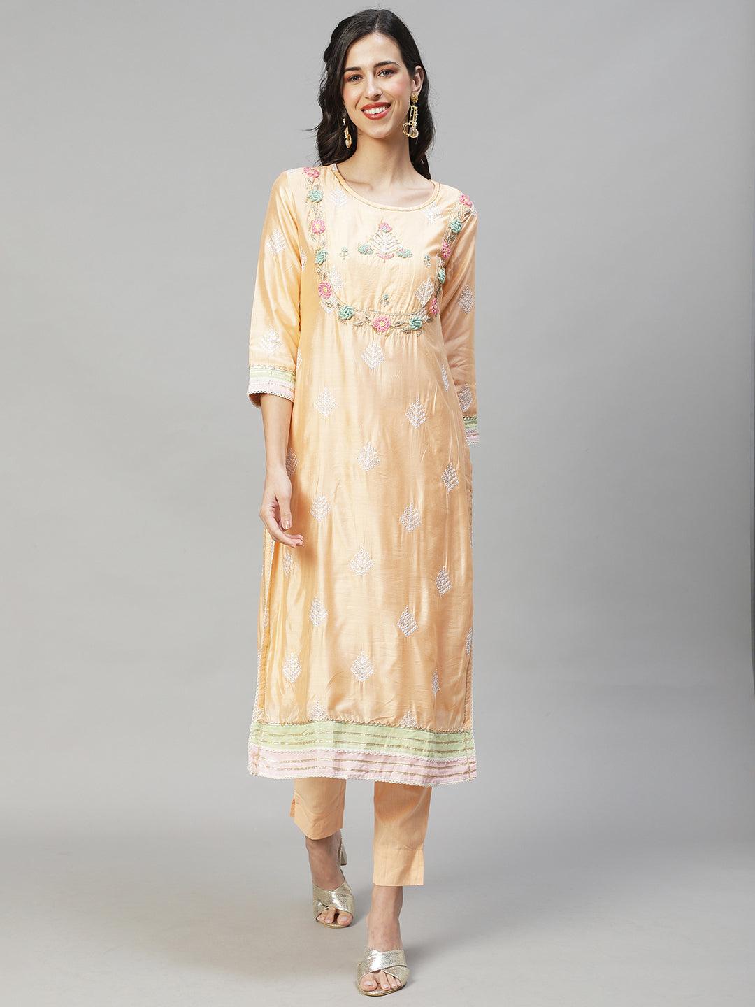 Ethnic Hand Embroidered Straight Kurta with Pants & Dupatta - Peach - Indiakreations