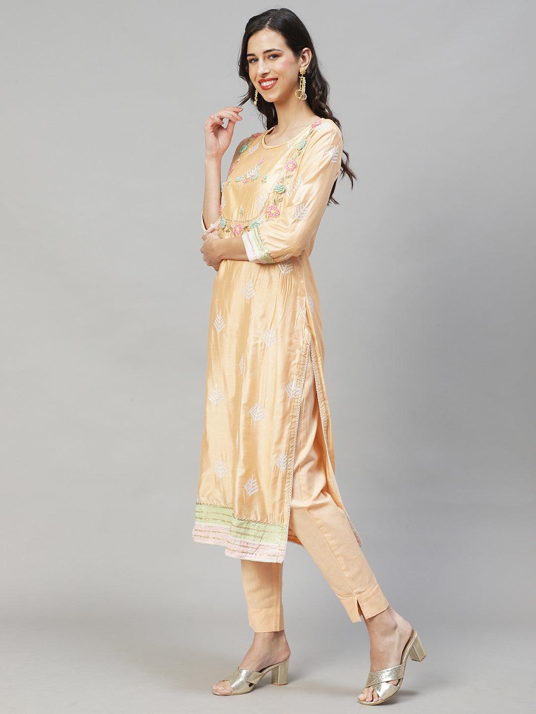 Ethnic Hand Embroidered Straight Kurta with Pants & Dupatta - Peach - Indiakreations