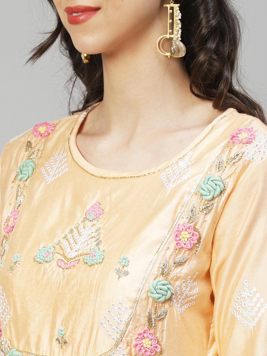 Ethnic Hand Embroidered Straight Kurta with Pants & Dupatta - Peach - Indiakreations