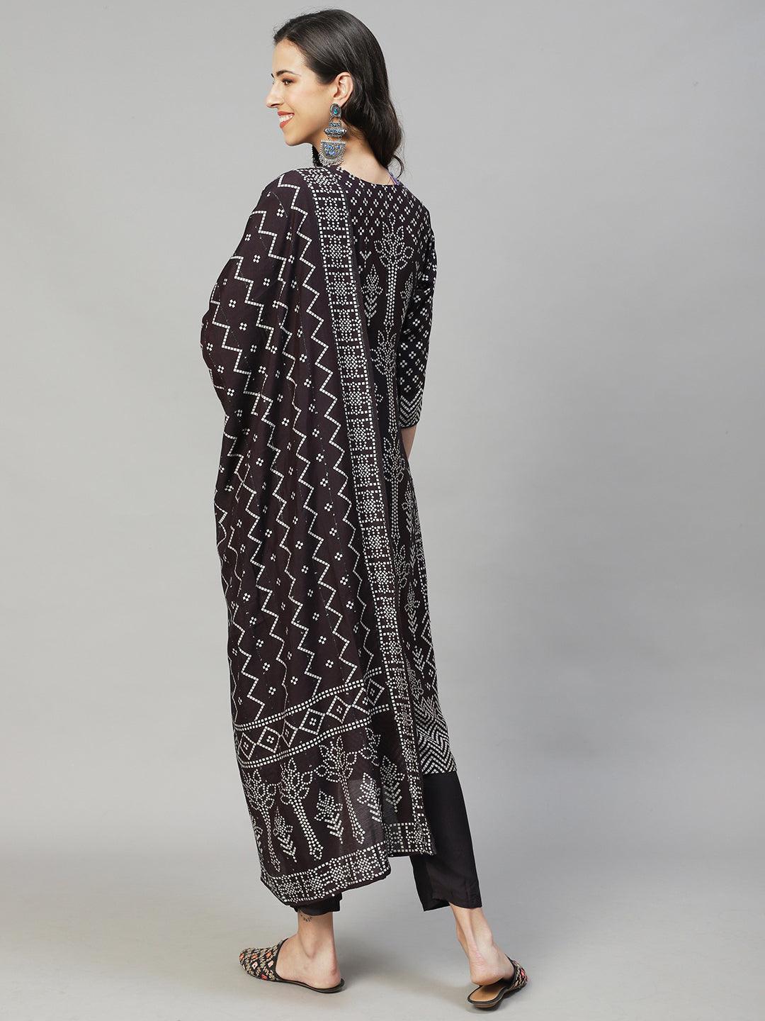 Ethnic Printed & Hand Embroidered Kurta with Pants & Dupatta - Mulberry - Indiakreations