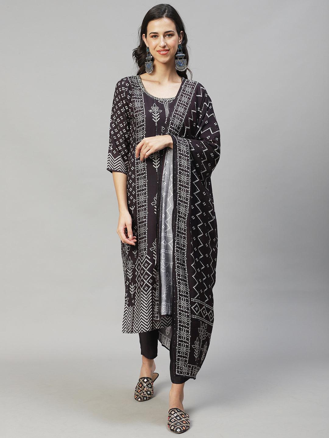 Ethnic Printed & Hand Embroidered Kurta with Pants & Dupatta - Mulberry - Indiakreations