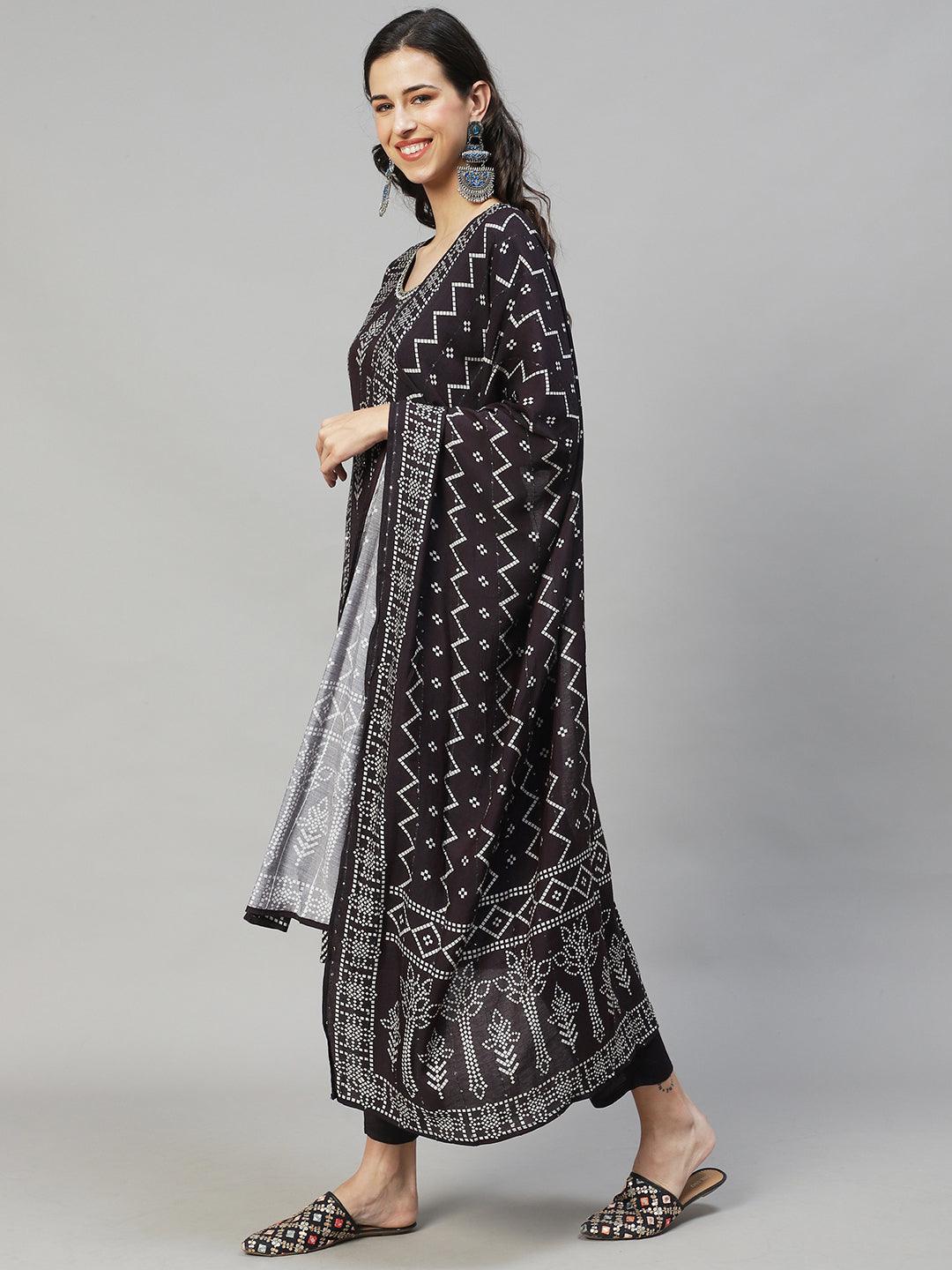 Ethnic Printed & Hand Embroidered Kurta with Pants & Dupatta - Mulberry - Indiakreations