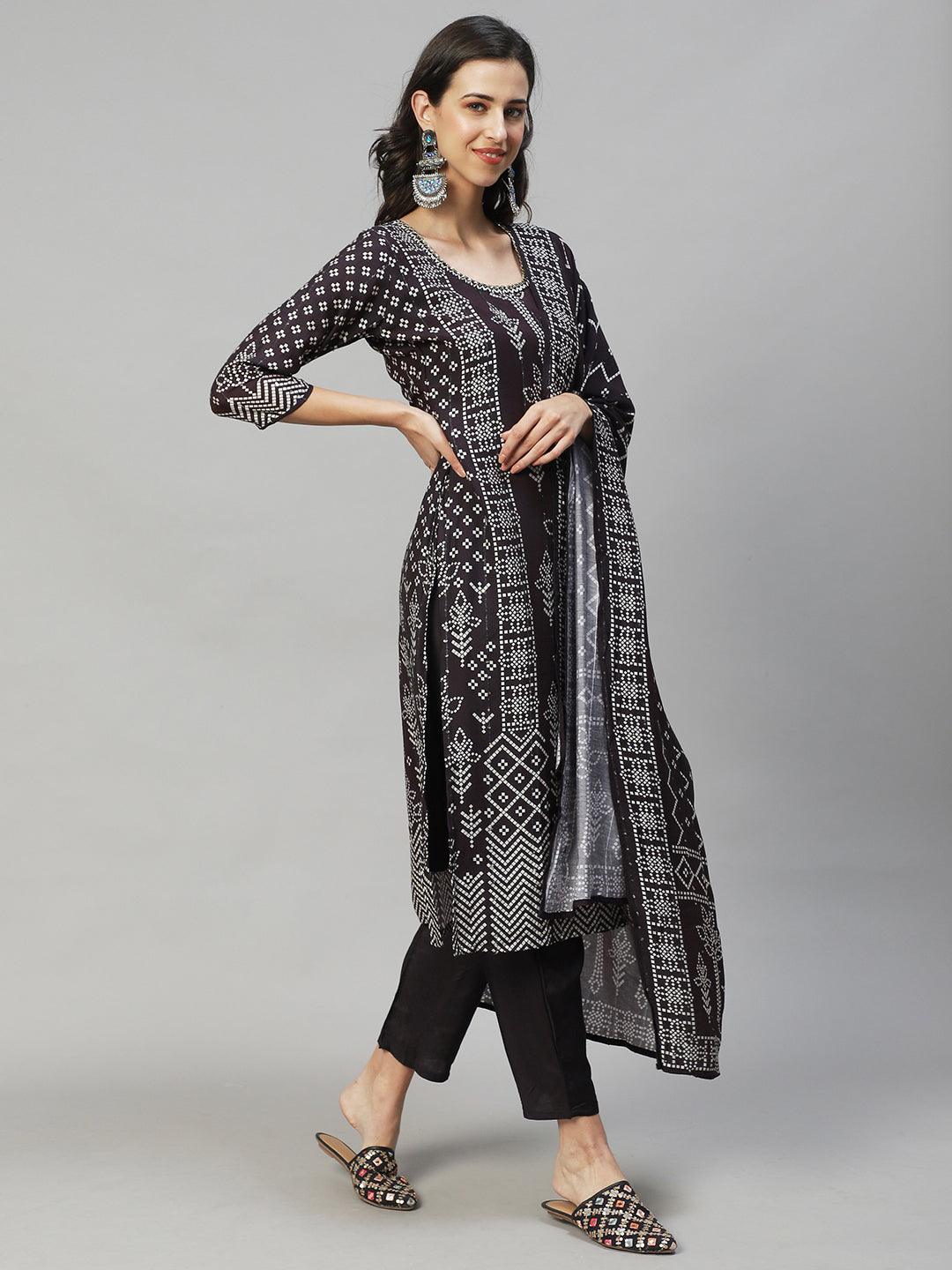 Ethnic Printed & Hand Embroidered Kurta with Pants & Dupatta - Mulberry - Indiakreations