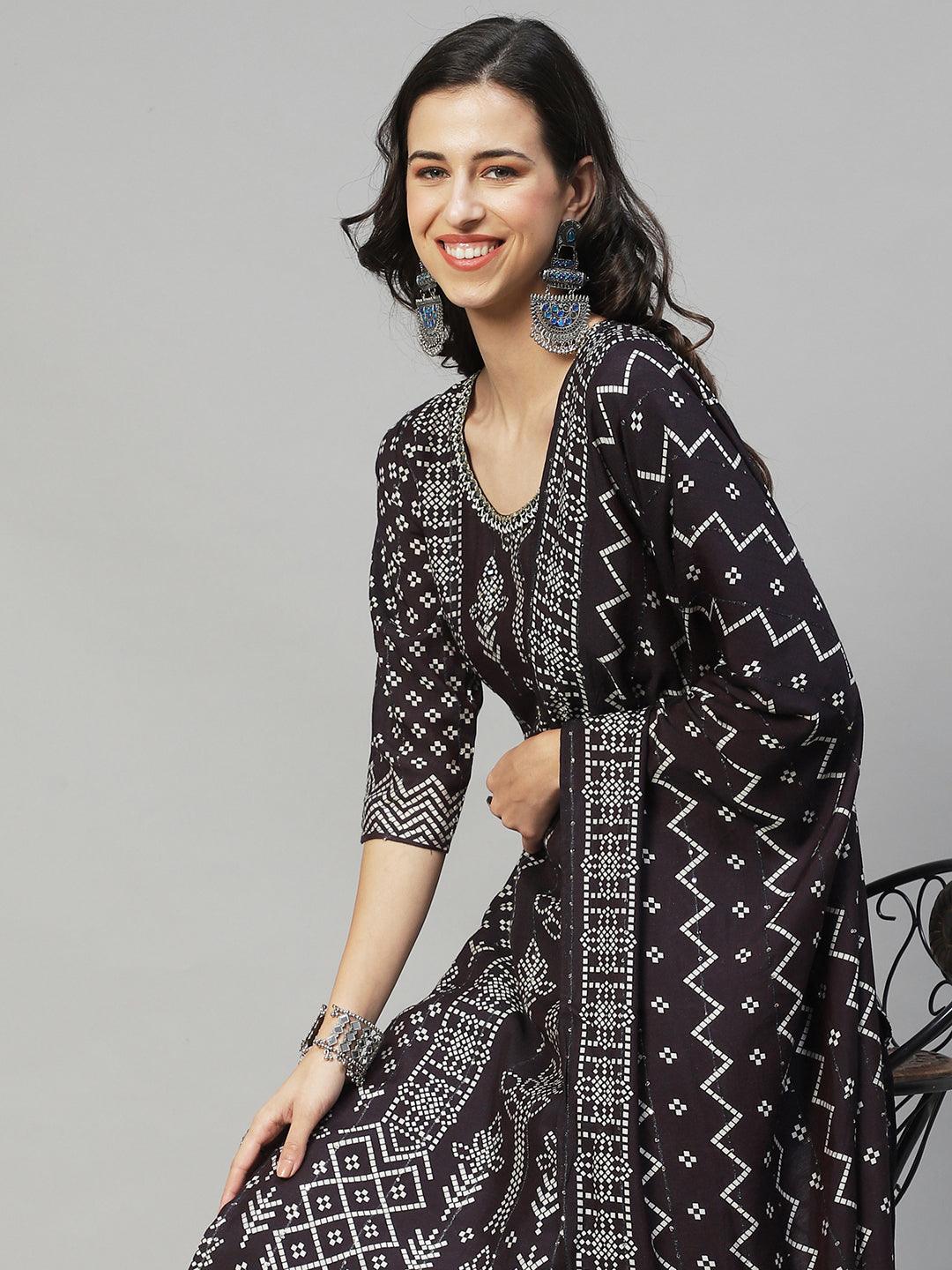 Ethnic Printed & Hand Embroidered Kurta with Pants & Dupatta - Mulberry - Indiakreations