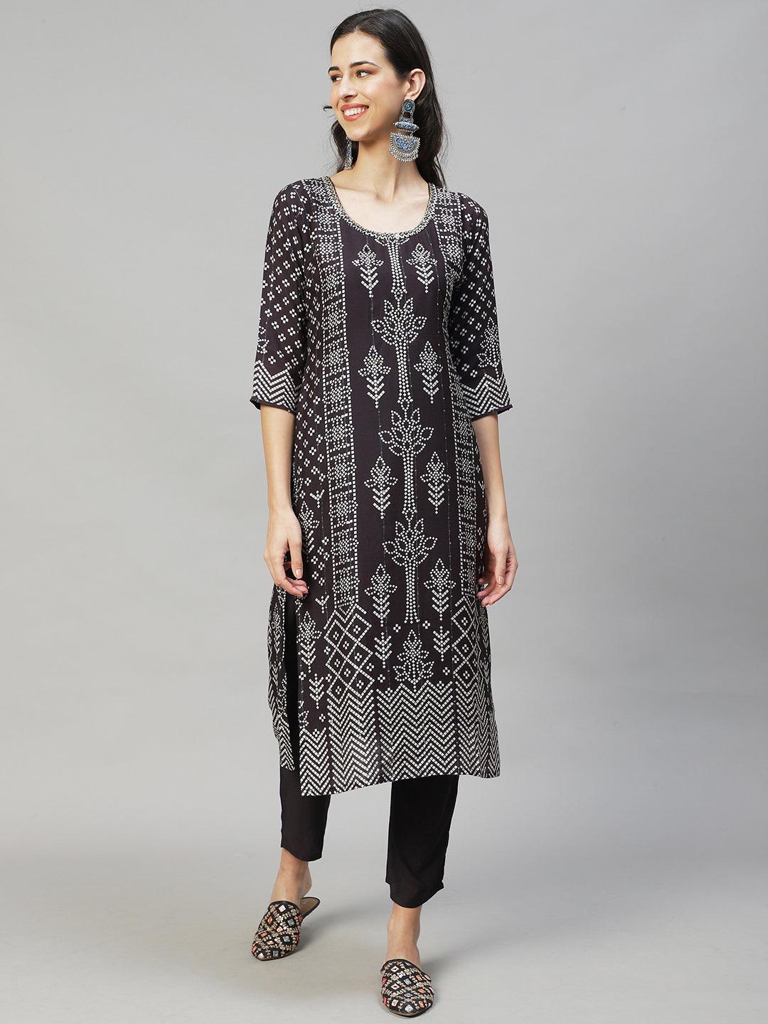 Ethnic Printed & Hand Embroidered Kurta with Pants & Dupatta - Mulberry - Indiakreations